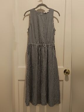 LOFT Black and White Gingham Midi Cutout Back Dress Women's Small